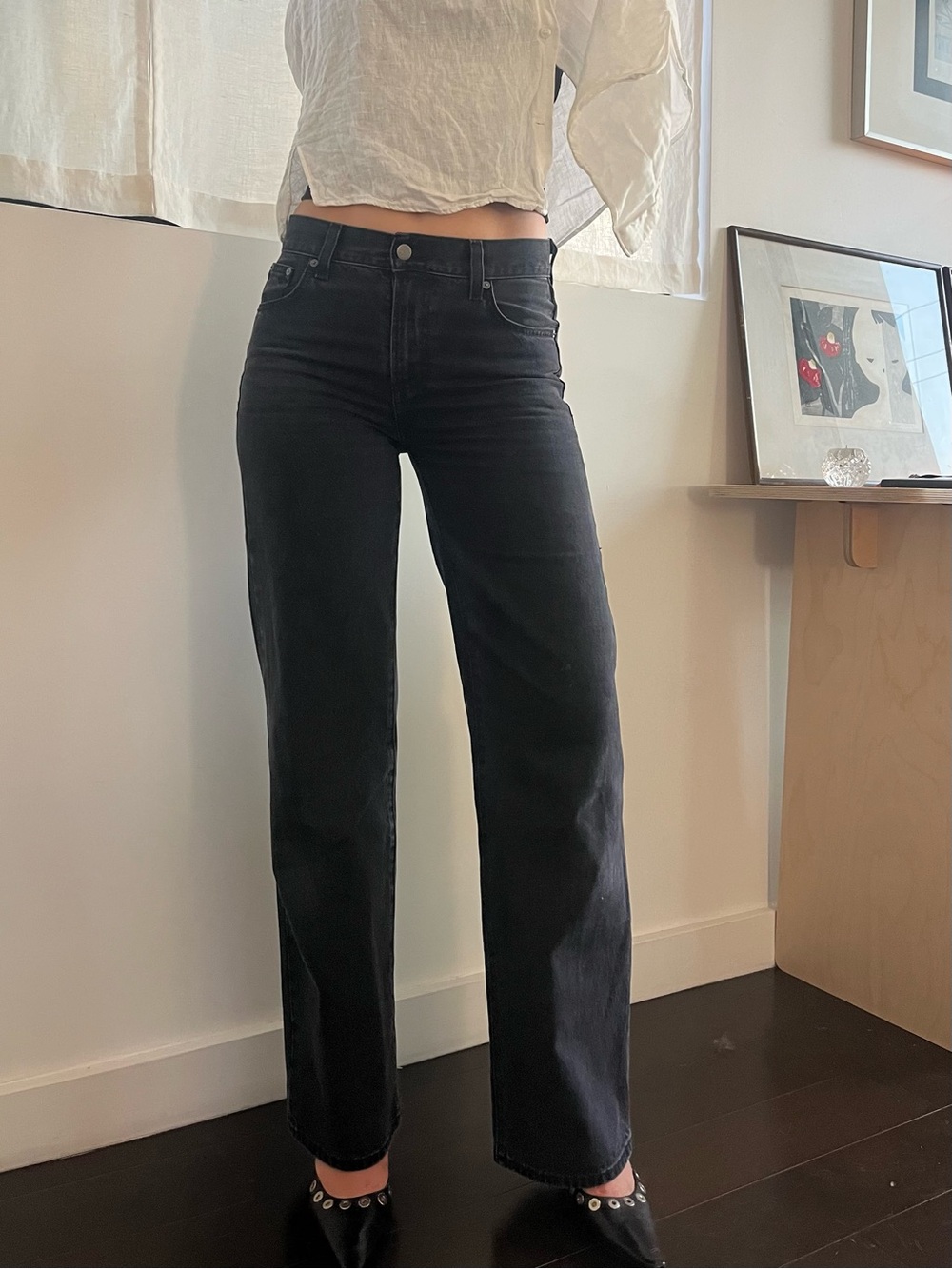 Low-Rise Wide Leg 100% Cotton Denim Forum Farrah Jeans, Charcoal Black, Size 24